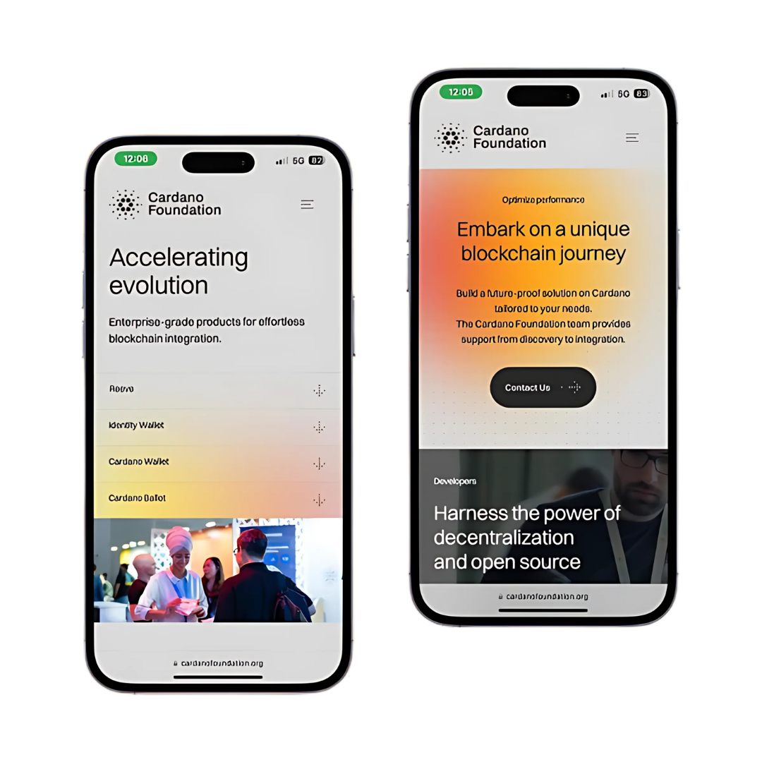 Two smartphones displaying Cardano Foundation’s mobile website interface with blockchain solutions and community engagement visuals.