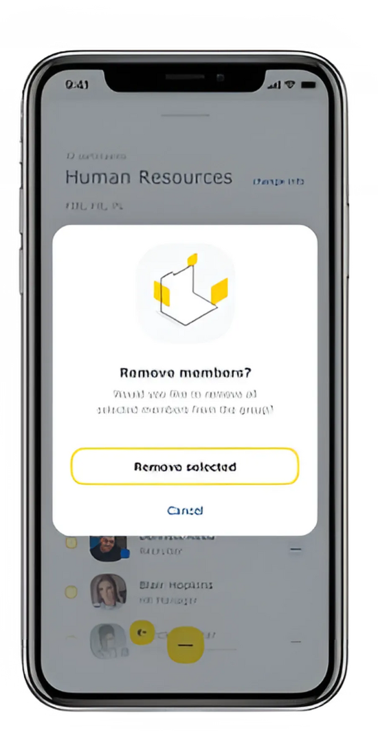 Mobile screen showing a prompt to remove selected members from a group.