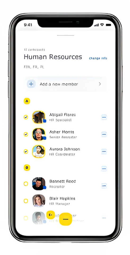 Smartphone app showing a list of Human Resources team members.