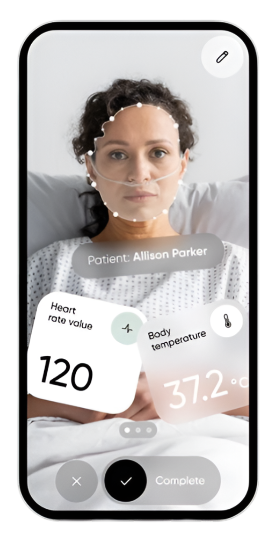 Smartphone displaying a medical AR app showing a patient's vital signs.