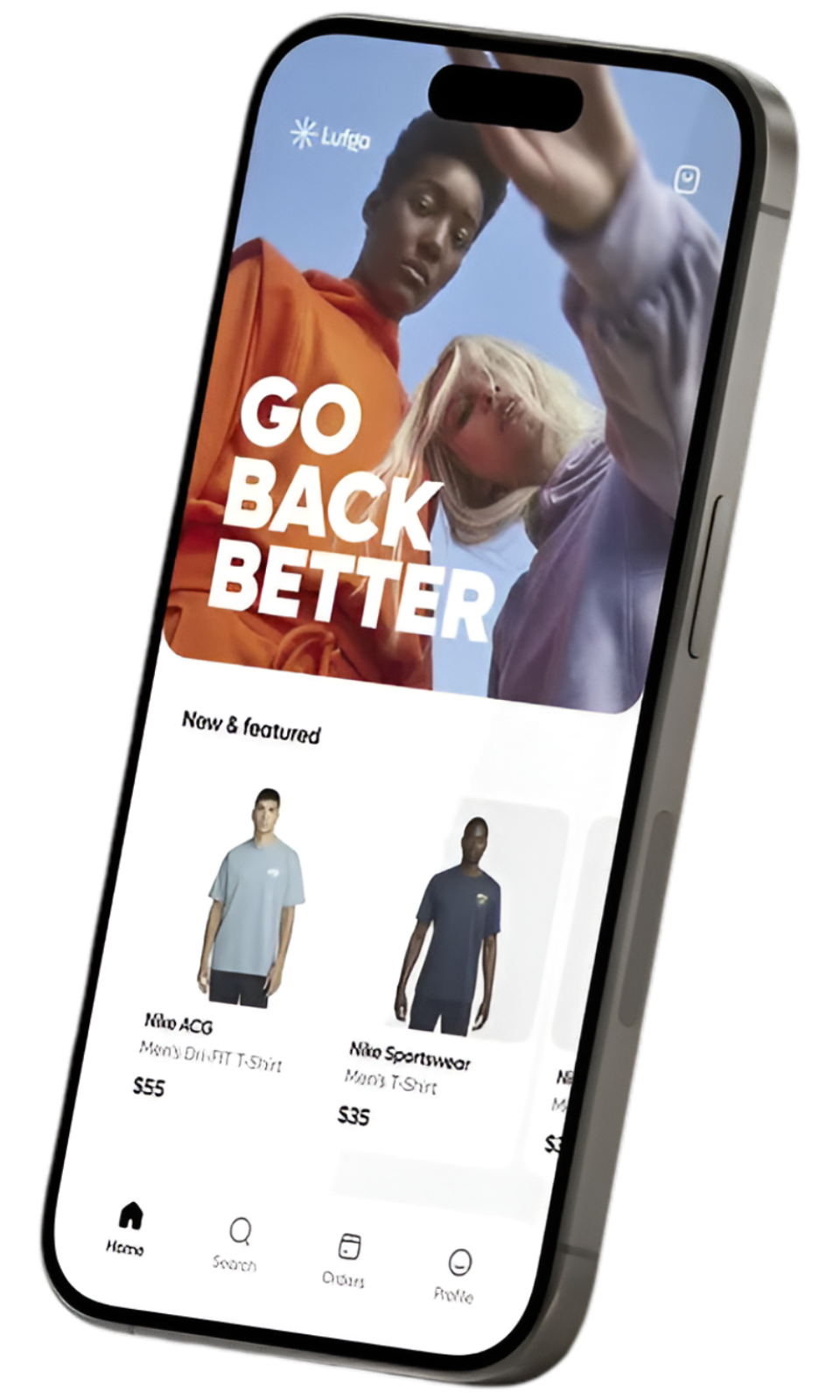 Smartphone displaying a sports apparel e-commerce app with "GO BACK BETTER" text.